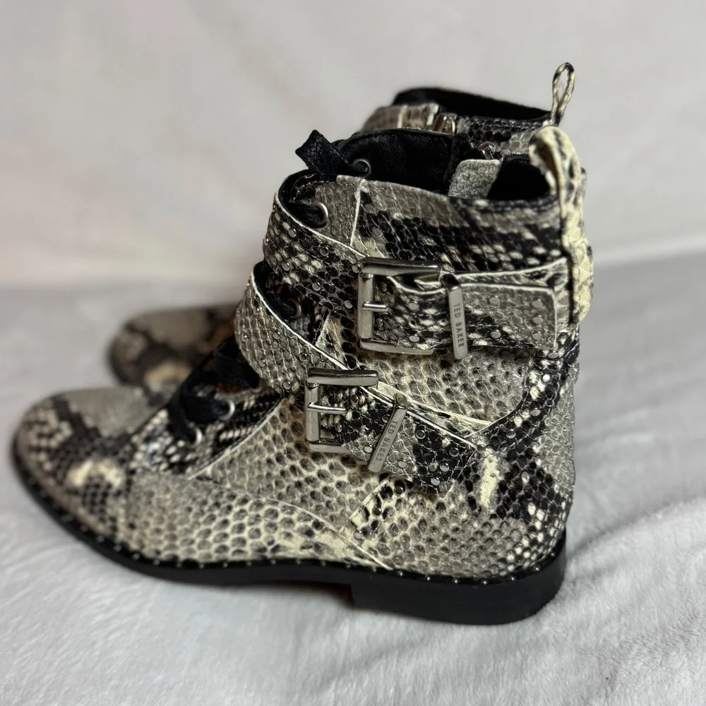 Ted Baker Snake Print Leather Lace Up Ankle Bootie‎ Buckle & Zip, Women's Size 6